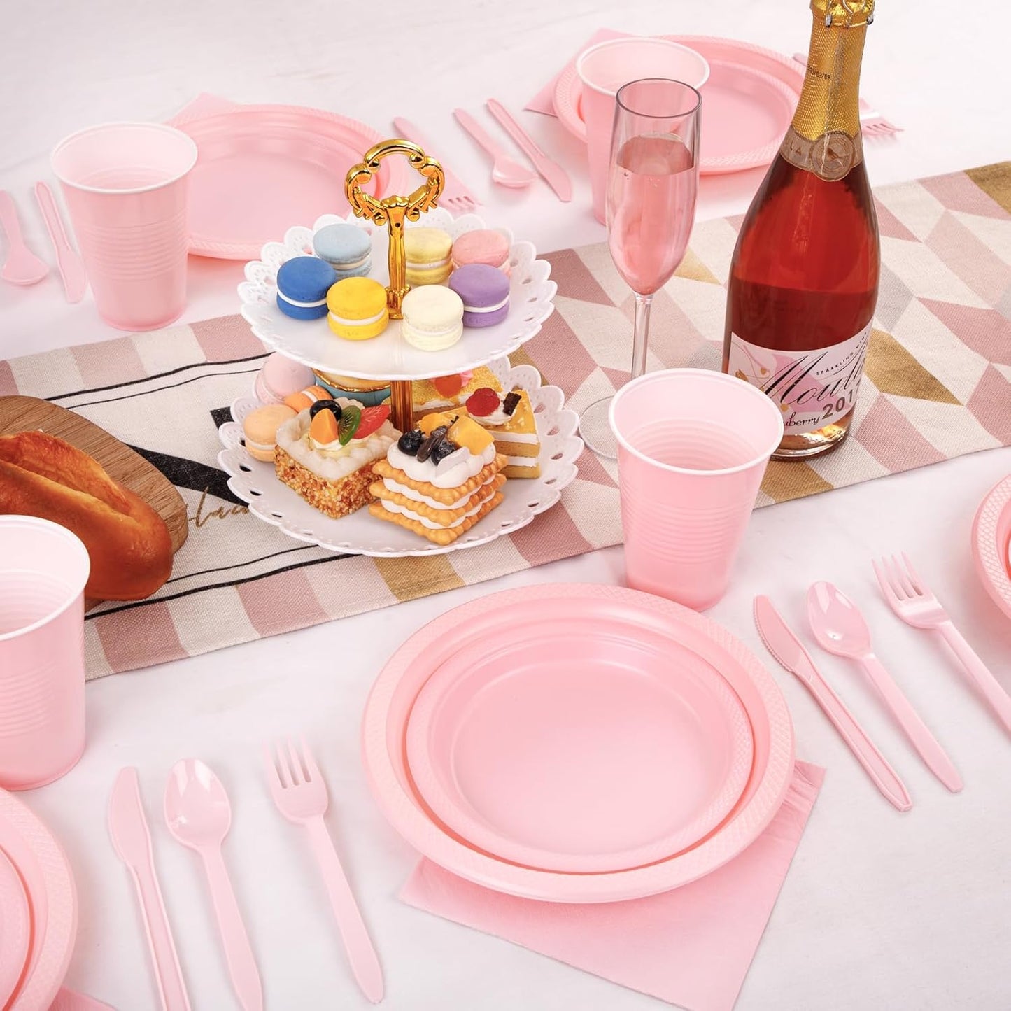 MirthMood 350pcs Pink Party Supplies Set, Disposable Plates Including Pink Plastic Plates, 12OZ Cups, Plastic Cutlery and Paper Napkins Serve 50 Guests for Wedding & Birthday & Party