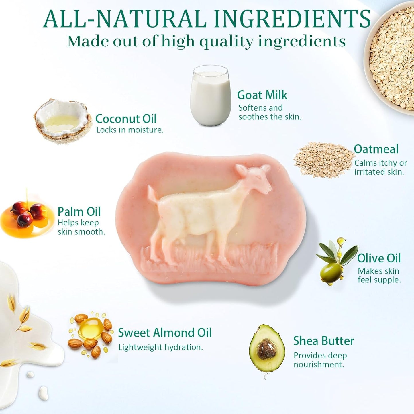 3 Pack Goat Milk & Oatmeal Soap Bars, Handmade Cold-Processed Body Wash Bar Soften & Moisturizing Skin, Organic Oats Gentle Exfoliating for Sensitive Skin