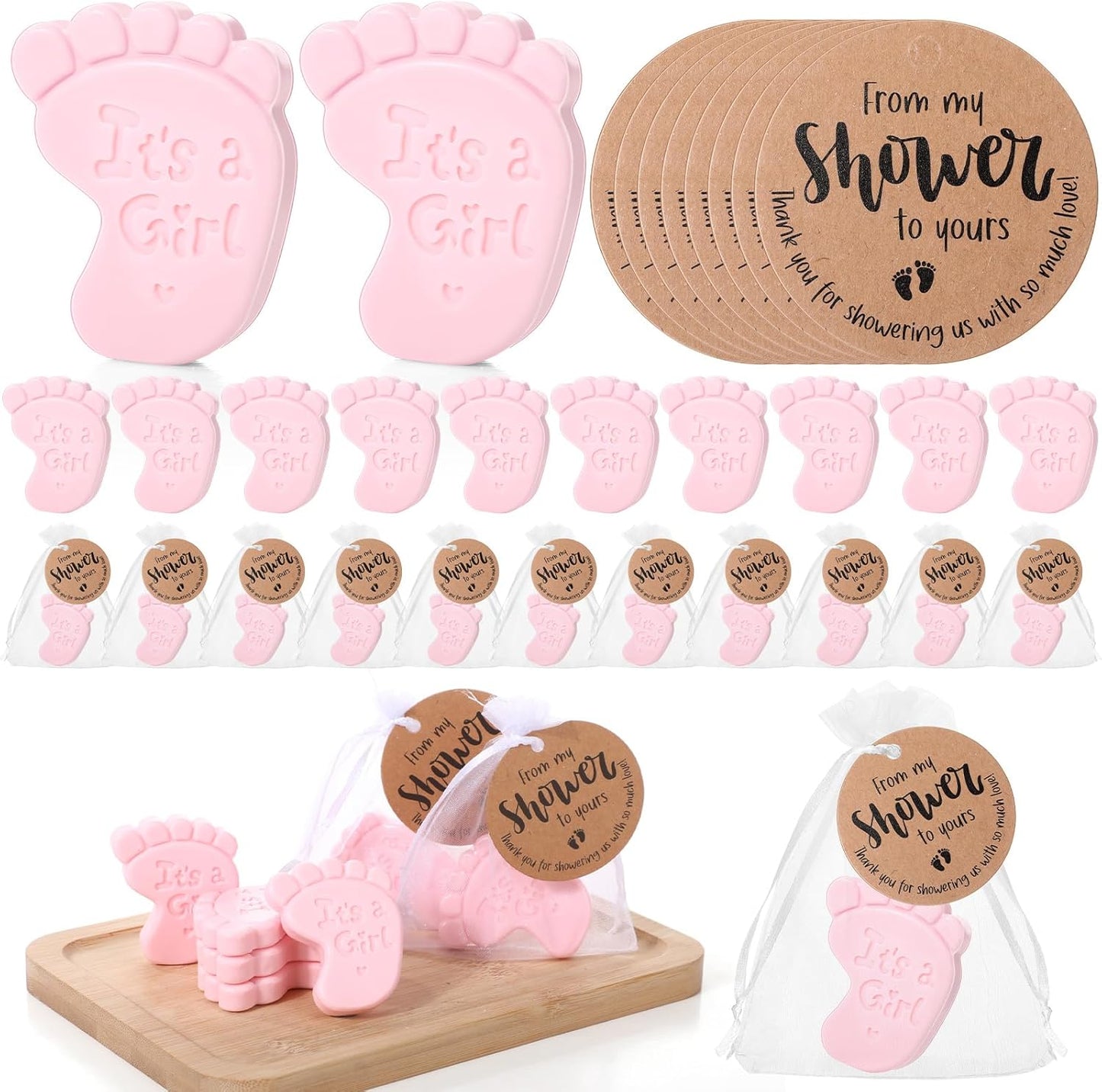 50 Sets Baby Shower Soap Favors for Guests Boy Girl Mini Handmade Scented Soaps with Thank You Tags and Organza Bags for Shower Gender Reveal Party Favors(It's A Girl,Pink Baby Feet)