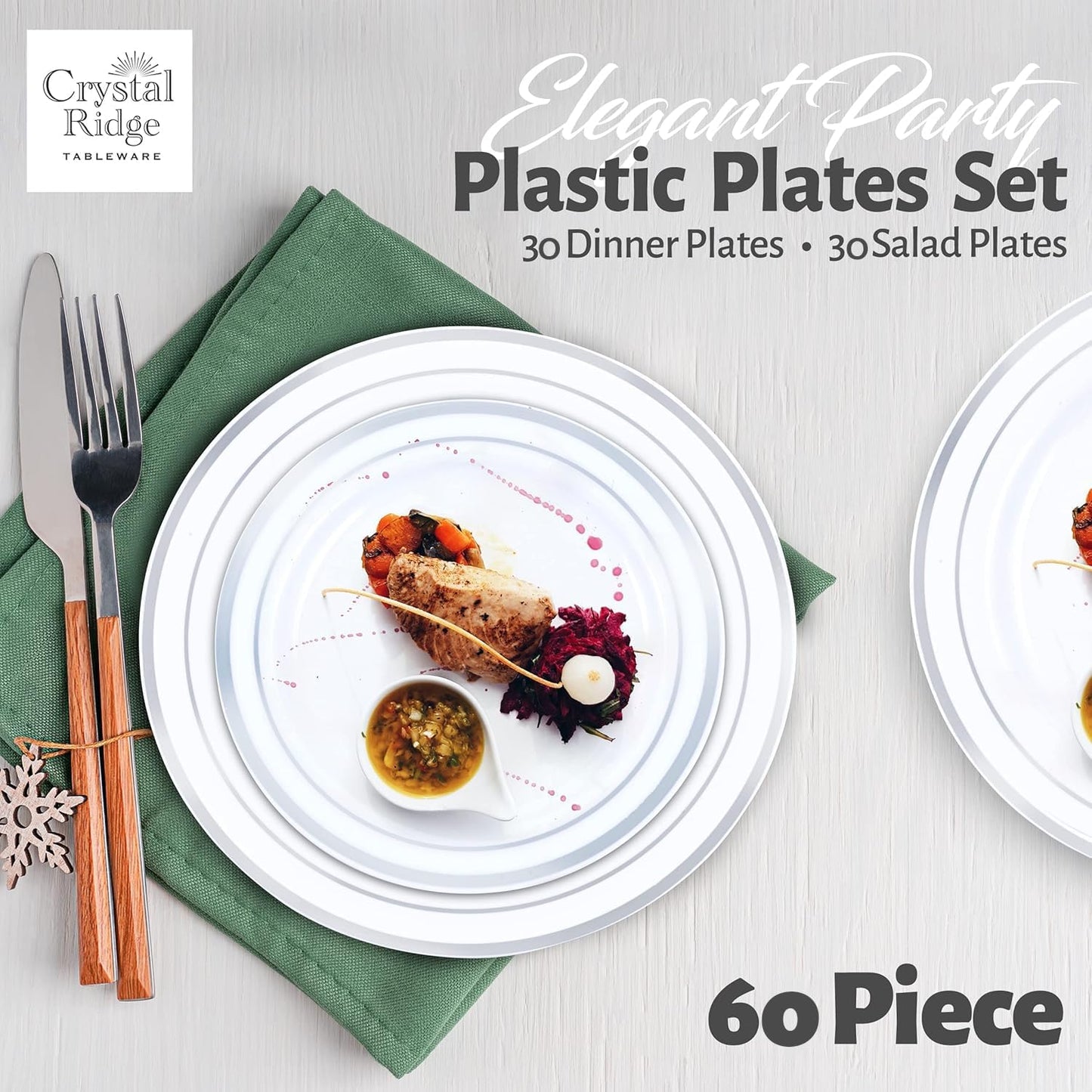 60 Pieces White Plastic Disposable Plates - Premium Heavy-Duty 30 Dinner Plates & 30 Salad Plates with Silver Rim Ideal for Party, Birthday and Special Events