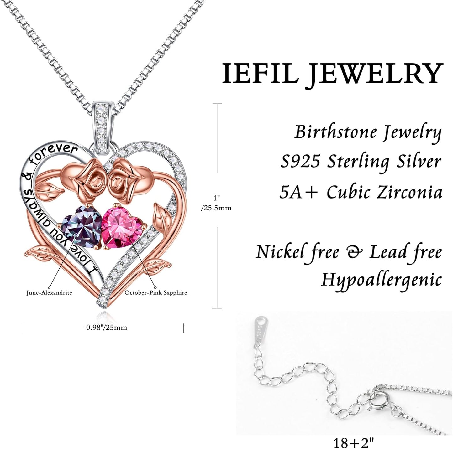 Iefil Rose Heart Double Birthstone Necklace Gifts for Wife Her Mom Women, Birthstone Jewelry Gemstone Birthday Gifts for Girlfriend Grandma Her Wife Women
