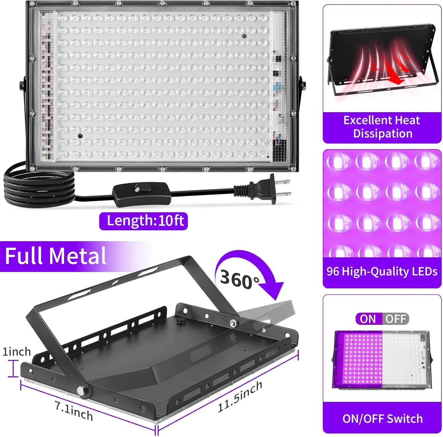 200W Blacklight Flood Light with 10ft Cord+Switch, IP66 Waterproof Outdoor LED Black Lights for Large Space, Glow Party, Halloween, Stage, Gym, Poster, Body Paint, 4 Pack