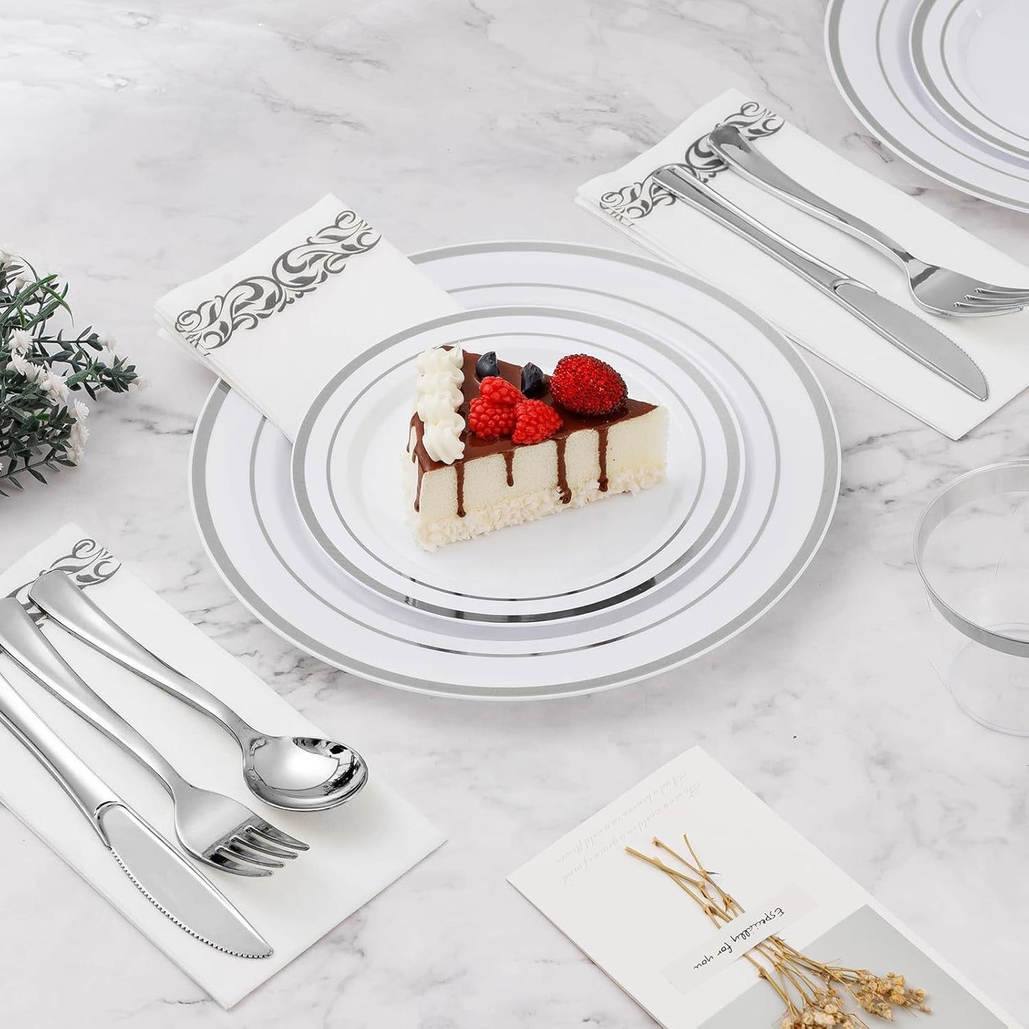 BESTVIP 50PCS 7 Inch Silver Plastic Plates, Disposable Salad Dessert Plate with Silver Rim for Christmas, Thanksgiving, Heavy Duty Disposable Plastic Plates for Parties, Wedding and Birthday, Events