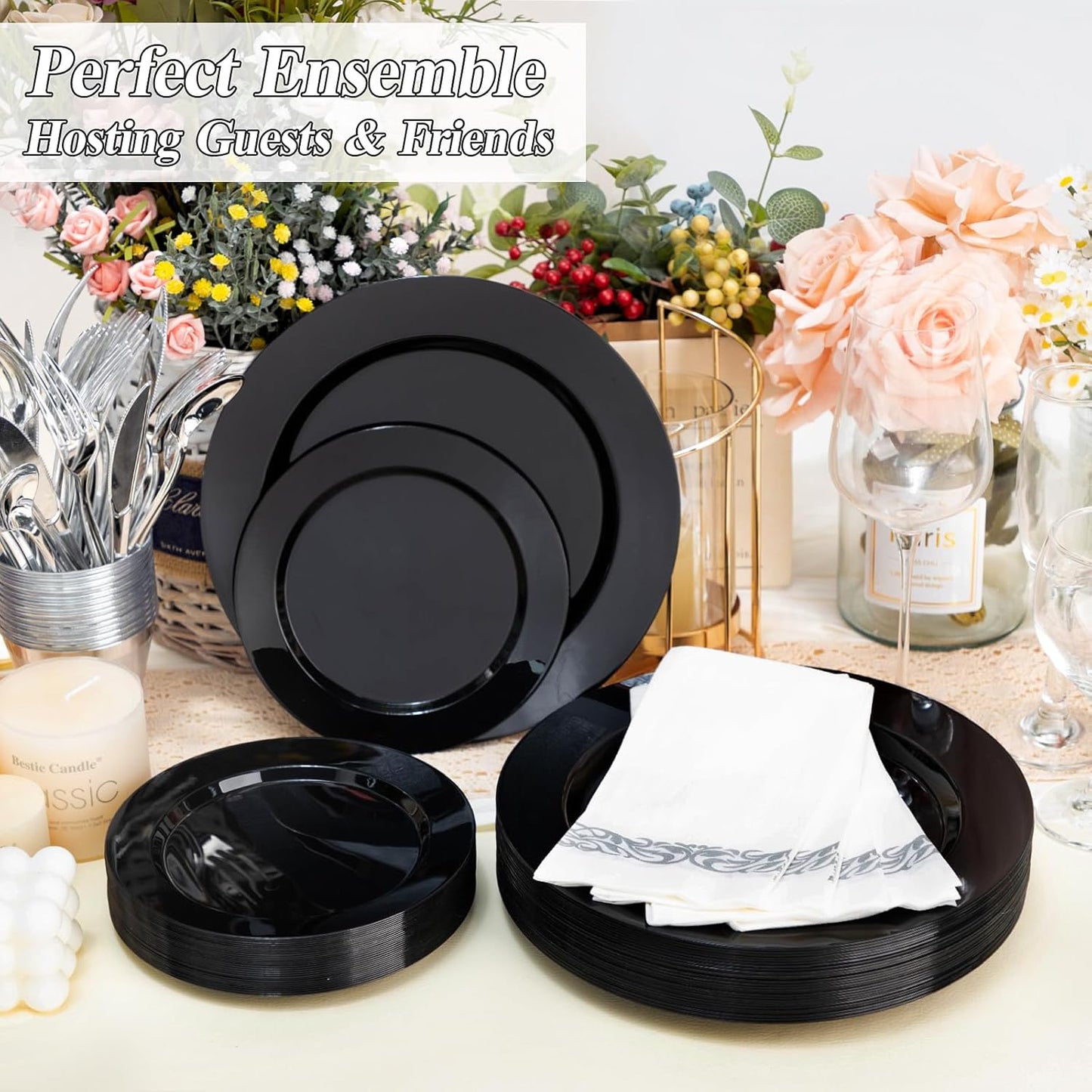 100PCS Black Plastic Plates Set, 50 10.25 inch Dinner Plates and 50 7.5 inch Dessert Plates, Premium Disposable Plates for Party, Wedding,Halloween