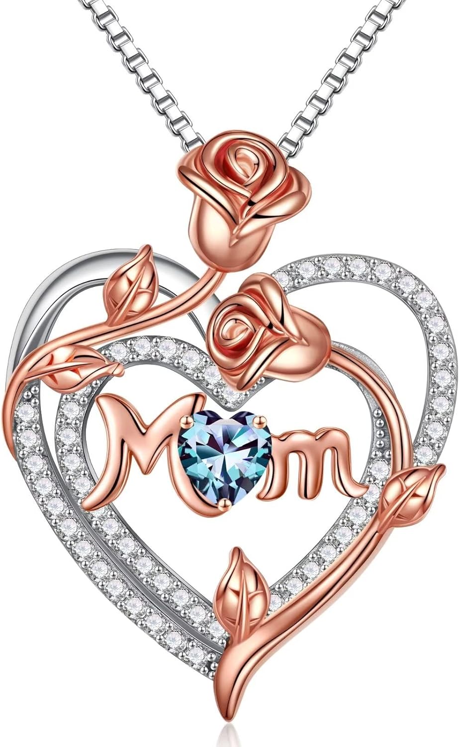 Iefil Christmas Gifts for Mom- 925 Sterling Silver Necklace, Rose Heart Birthstone Necklace, Stocking Stuffers for New/Step/Bonus Mom/Mother in Law