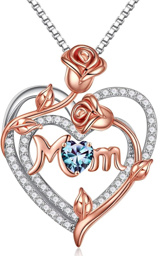Iefil Christmas Gifts for Mom- 925 Sterling Silver Necklace, Rose Heart Birthstone Necklace, Stocking Stuffers for New/Step/Bonus Mom/Mother in Law