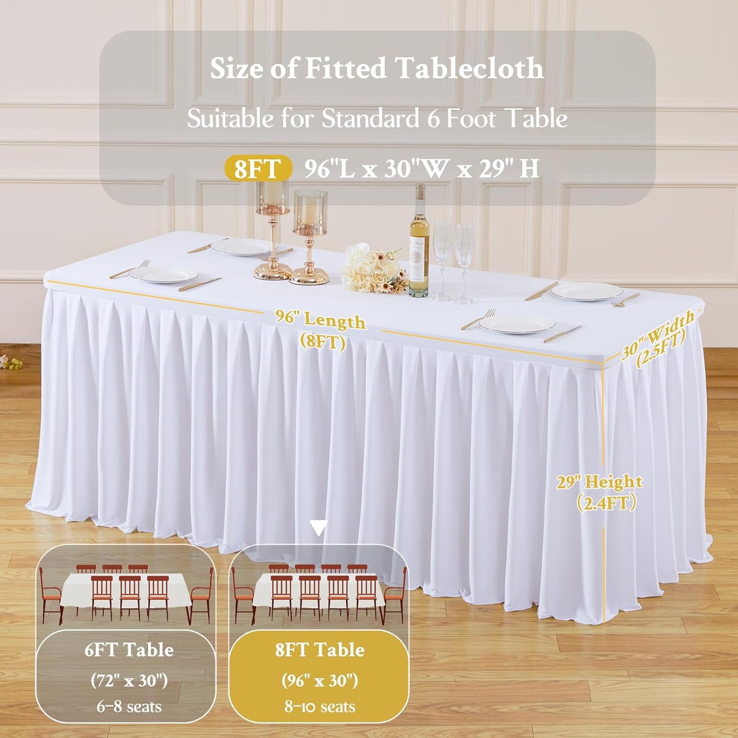 4 Pack White Rectangle Tablecloth 8 FT Stretch Spandex Fitted Table Cloth for 8 Foot Rectangle Tables Banquet Tablecloths Wrinkle Free Table Cover Skirt Ruffle Tablecloth for Party Wedding Birthday
