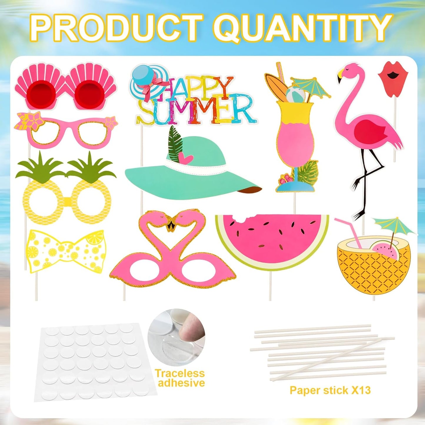 SUNBEAUTY 12 Pcs Summer Photo Booth Props Beach Summer Pool Party Decorations Luau Photo Booth Props Tropical Tiki Beach Pool Party Favors for Baby Shower, Birthday, Hawaii