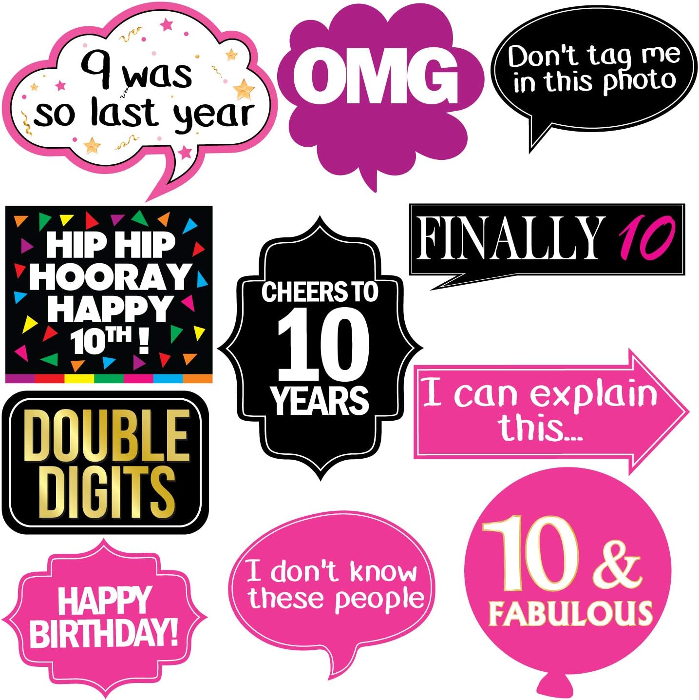 10th Birthday Photo Booth Party Props - 40 Pieces - Funny 10th Birthday Party Supplies, Decorations and Favors
