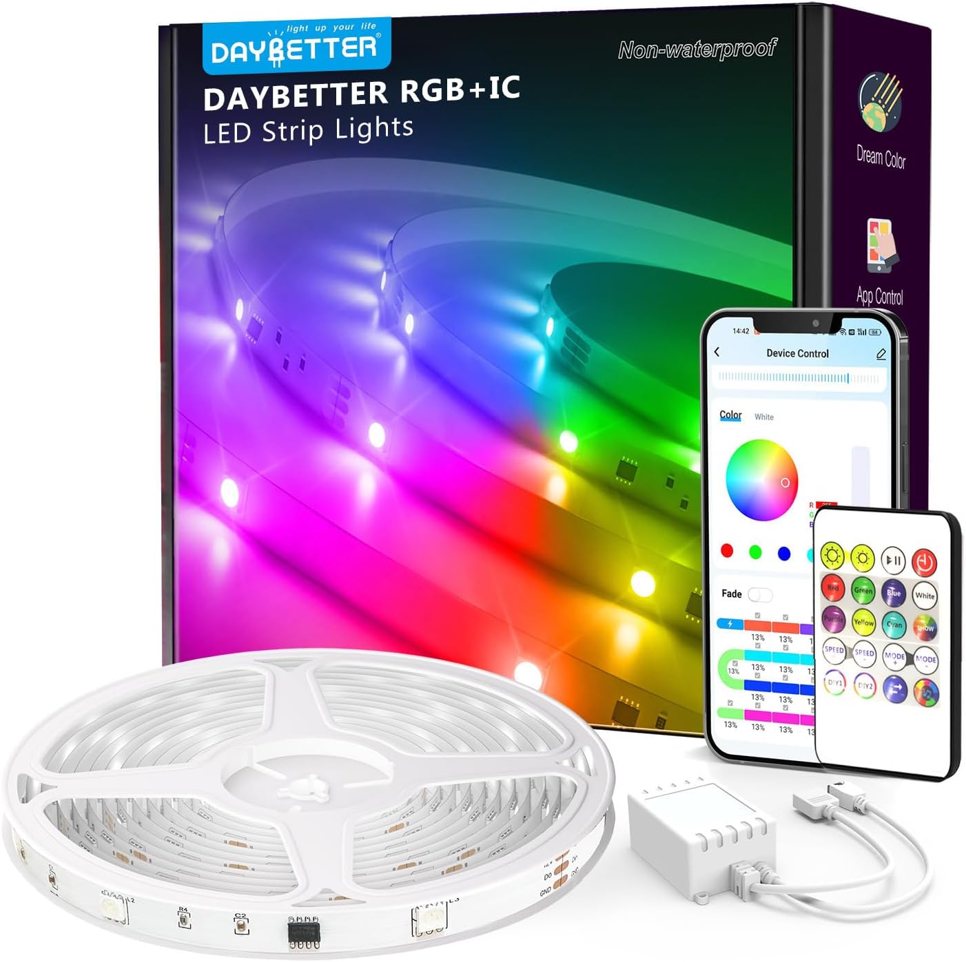 DAYBETTER 100ft Smart IC LED Strip Lights, BGRIC LED Lights for Bedroom, DIY Multiple Colors on One Line, App Control Color Changing Strip Lighting Music Sync Home Decor(1 Roll)