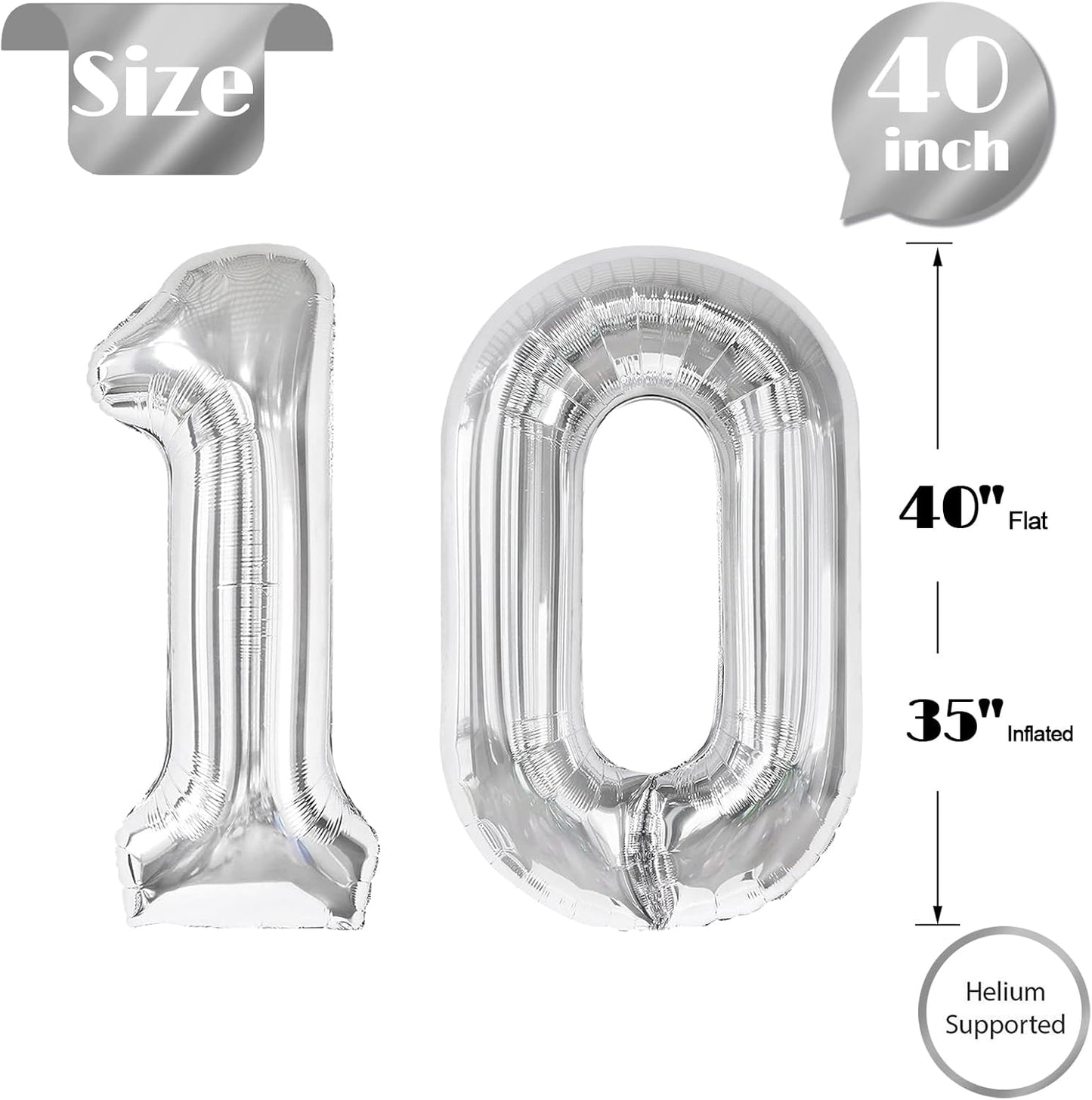 Silver Number 10 Balloon 40 Inch, 10th Birthday Party Decorations for Children, Giant 10 Foil Balloon for Party Supplies