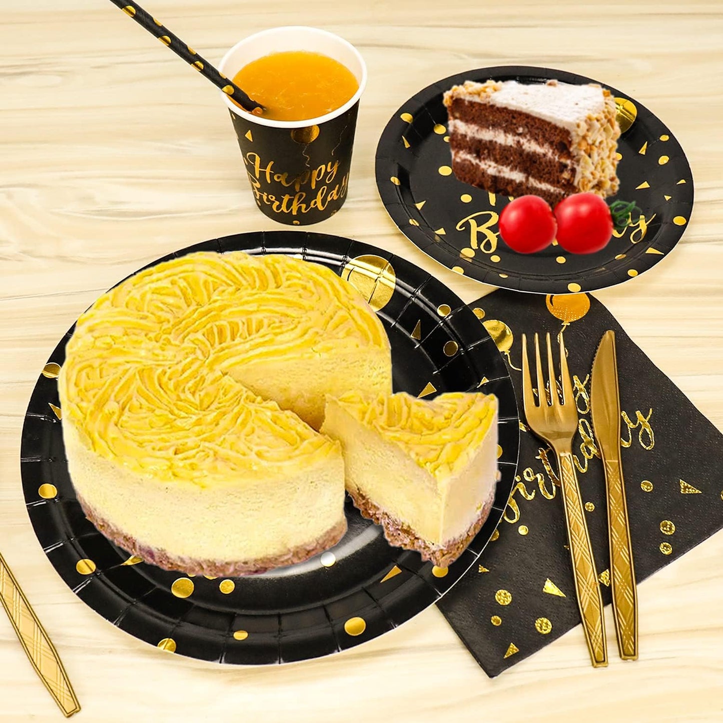 201 Pieces Gold Disposable Party Dinnerware Set &Golden Dot Birthday Black Paper Plates Napkins Cups, Gold Plastic Forks Knives Spoons (25 Guests)