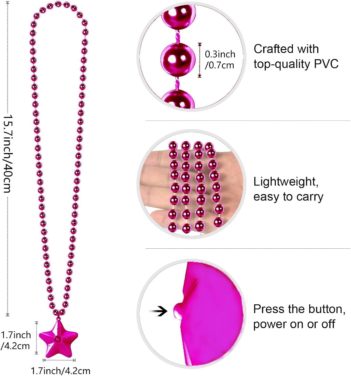 6 Pack Pink LED Glow Star Necklace Bulk Beaded Necklaces for Halloween Christmas Decorations Mardi Gras Party Favors