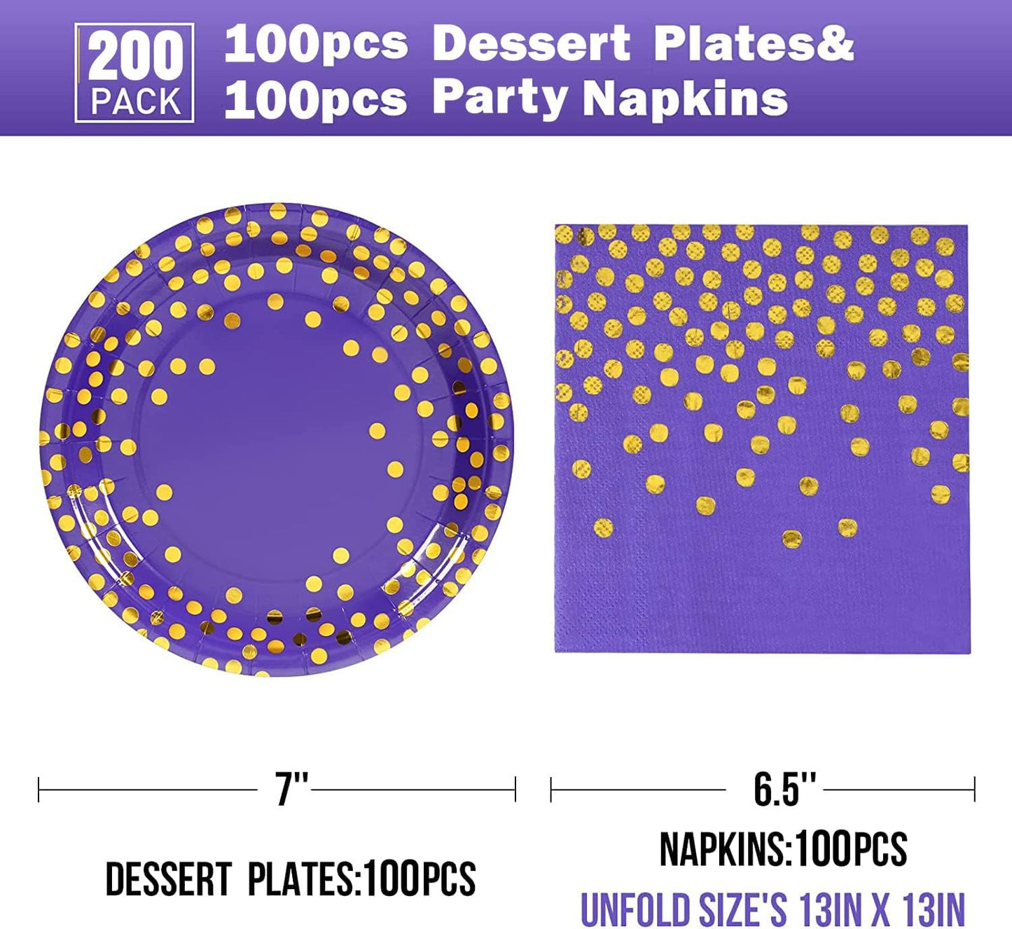 Purple and Gold Paper Plates and Napkins 200Pack-100 x 7'' Dessert plates & 100 x 6.5'' Napkins,Purple Paper Plates for Appetizers,Cakes and Salads,for Birthdays,Graduation,Bridal Parties,Carnival