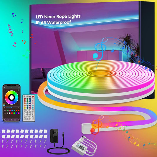 32.8ft RGB LED Neon Rope Lights with App, Remote Control, IP65 Waterproof Neon Light Strip Outdoor Indoor, DIY Design Flexible Led Strip Lights for Bedroom Essentials, Gaming Accessories