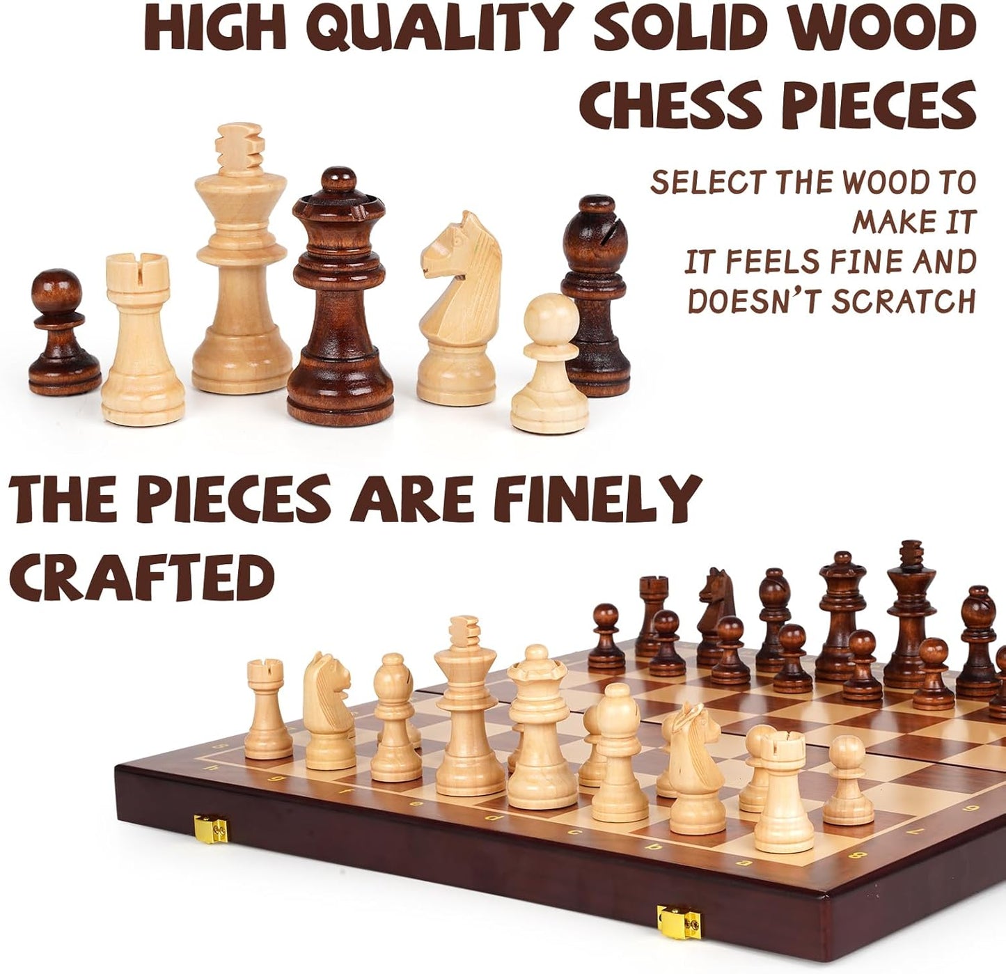 Wooden Magnetic Chess Set –15-Inch Foldable Wooden Chess Board with Magnetic Pieces, Portable Travel Chess Set for Adults and Kids, Classic Board Game with 2 Extra Queen