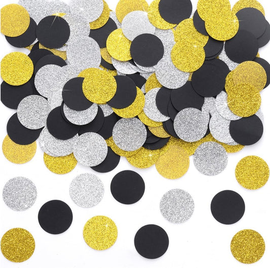 Gold Black and Silver Paper Confetti Table Decoration for Birthday Graduation Retirement New Year Theme Party,1.2 inch in Diameter,200 Counts