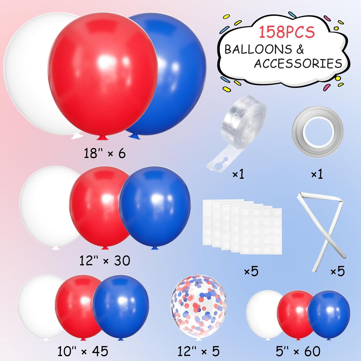 Blue Red White Balloons Arch Garland Kit, 147 Pcs Royal Blue Red White Confetti Blue Red Balloon for Graduation Birthday Party Baby Shower Wedding Decorations