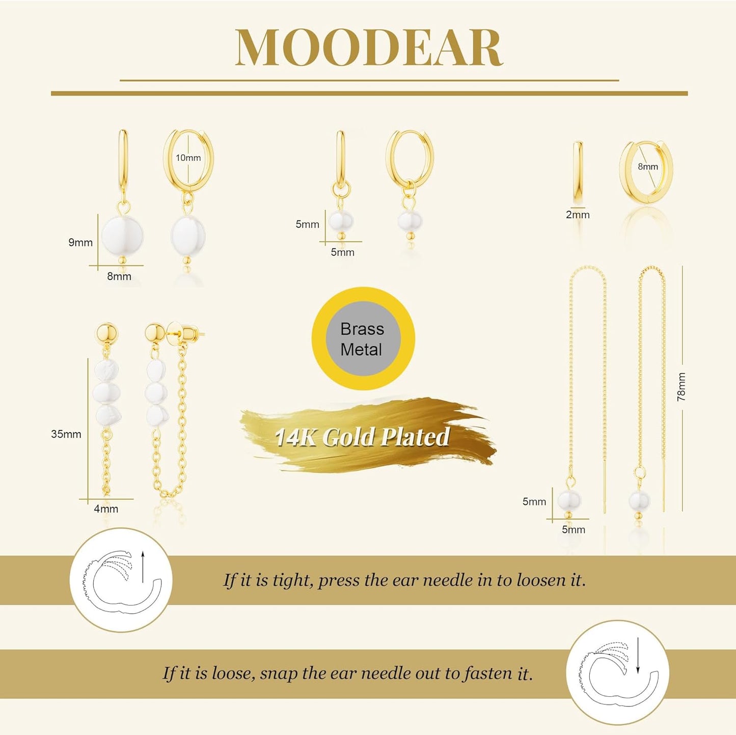 Moodear Gold Earrings for Women No Tarnish - Trendy 14K Gold Plated Pearl Hoop Studs Chain Earrings Stacks for Women Wedding Jewelry Gift