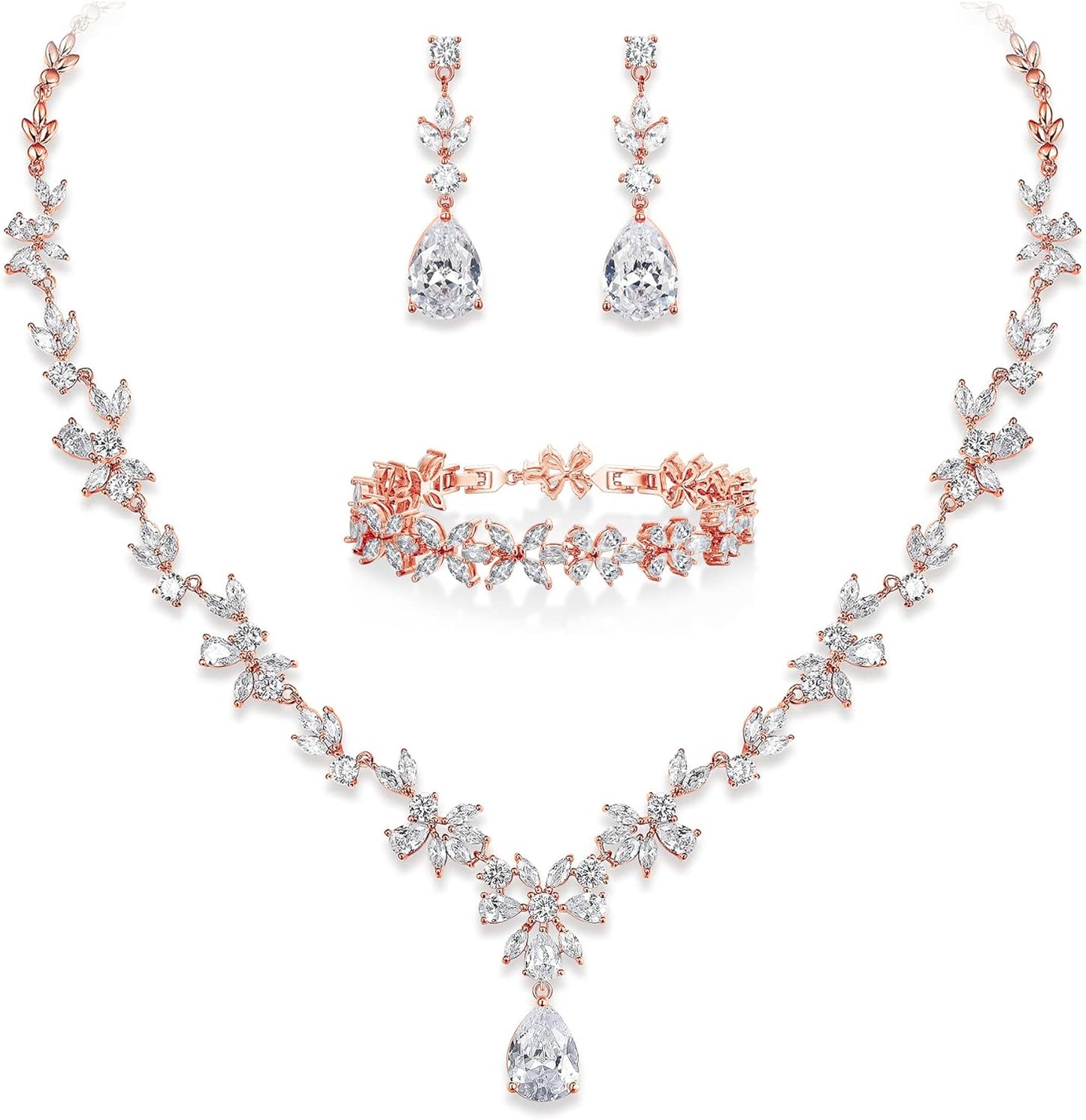 EVER FAITH Bridal Jewelry Set for Bride Bridesmaid, Flower Leaf Teardrop Cubic Zirconia Necklace Dangle Earrings Bracelet Sets Wedding Party for Women