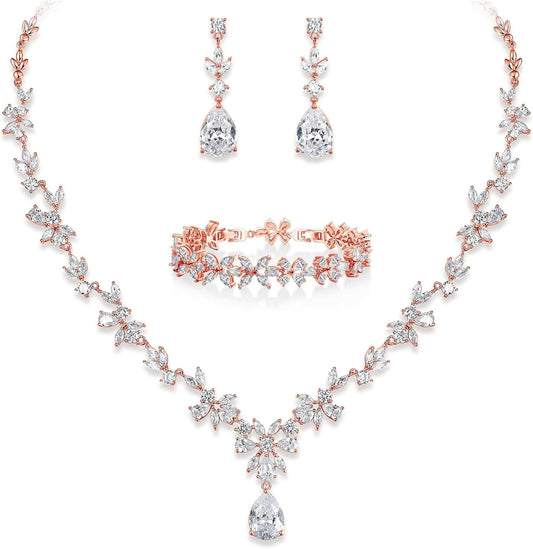 EVER FAITH Bridal Jewelry Set for Bride Bridesmaid, Flower Leaf Teardrop Cubic Zirconia Necklace Dangle Earrings Bracelet Sets Wedding Party for Women