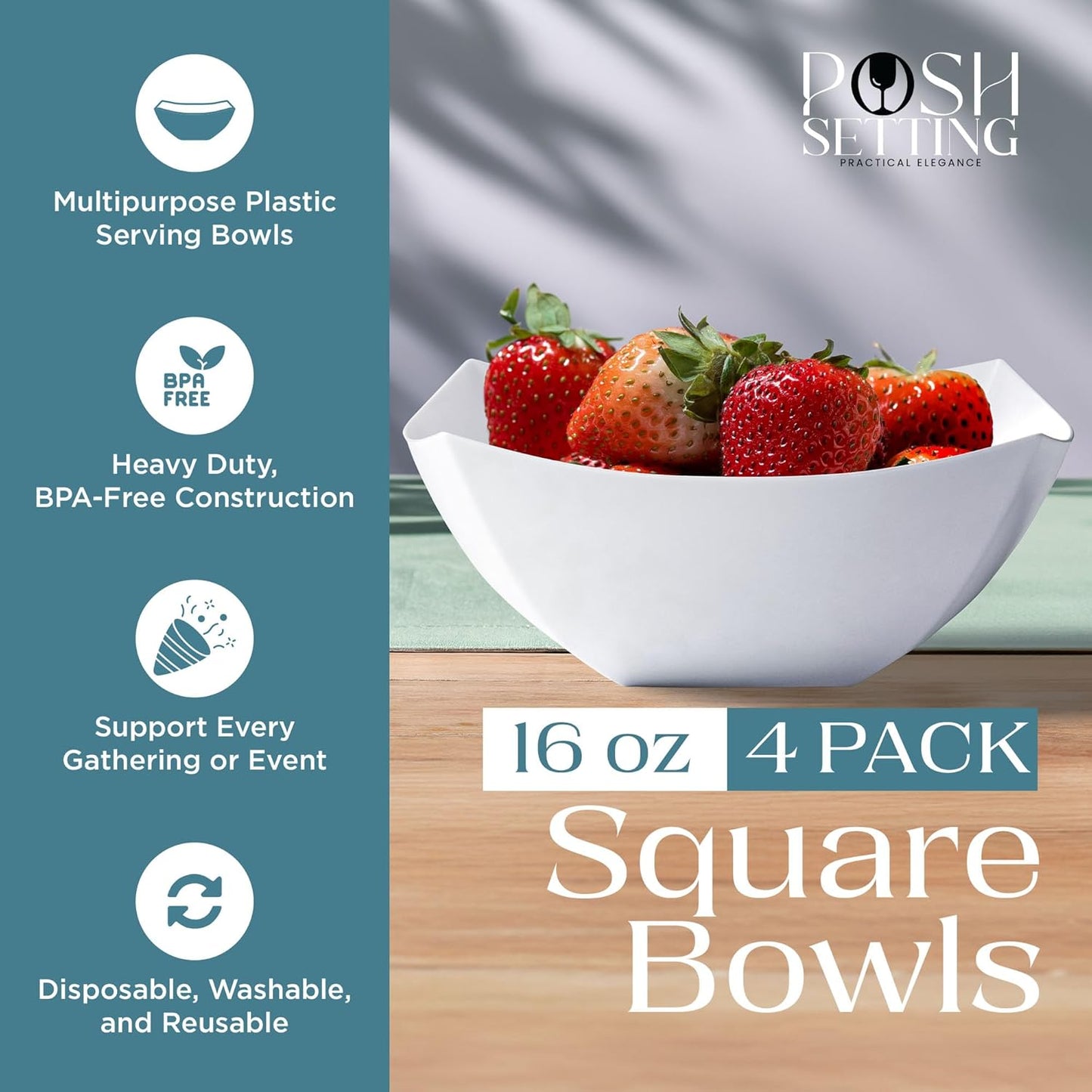 Posh Setting - White Plastic Square Serving Bowls for Party (16oz - 4 Pack), Disposable & Candy Containers for Party Table & Buffet