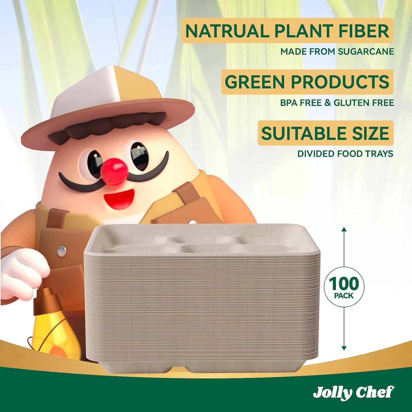 JOLLY CHEF Compostable 𝟱 Compartment 𝟭𝟭 * 𝟴 𝗶𝗻𝗰𝗵 Paper Plates [𝟭𝟬𝟬 𝗣𝗮𝗰𝗸] Heavy Duty Small Natural Divided Eco-Friendly Biodegradable Food Trays for Dinner Lunch Thanksgiving Day