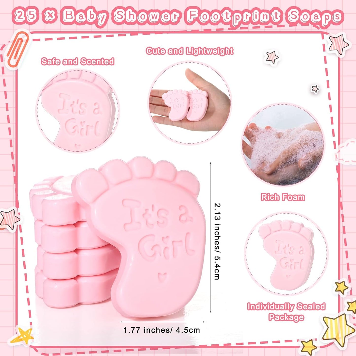 25 Sets Baby Shower Soap Favors for Guests Girl Boy Mini Footprint Handmade Scented Soaps with Thank You Tags and Organza Bags for Shower Gender Reveal Party Favors(Pink,Baby Feet)