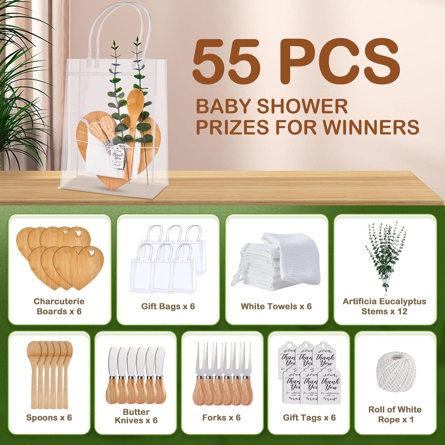 55Pcs Baby Shower Prizes for Game Winners 6 Sets Charcuterie Board with Spoons Butter Spreaders Forks Plaid Towel Thanks Card and Gift Bags for Bridal Shower Favors Party (Heart Shaped)