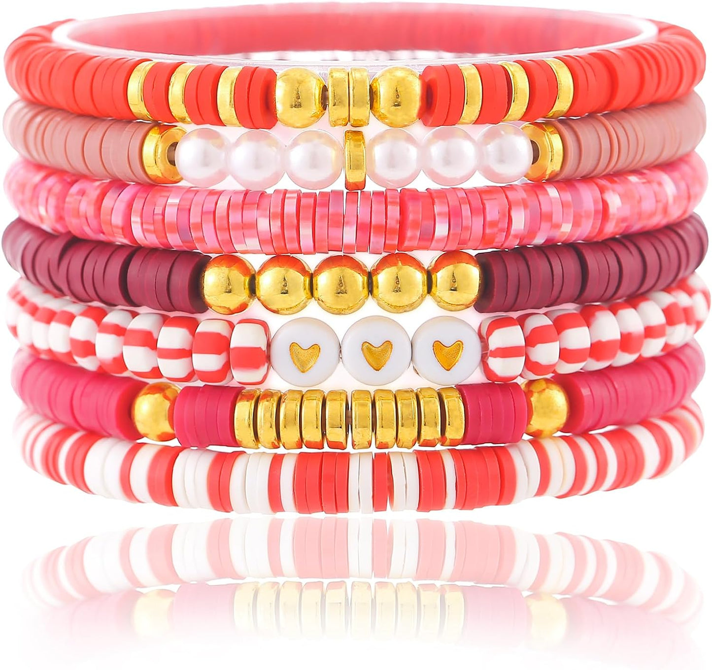 Friendship Bracelets Trendy Heishi Clay Bead Bracelets Stack Gold Beaded Stretch Bracelets for Women Boho Stackable Bracelets Bulk Cute Preppy Jewelry