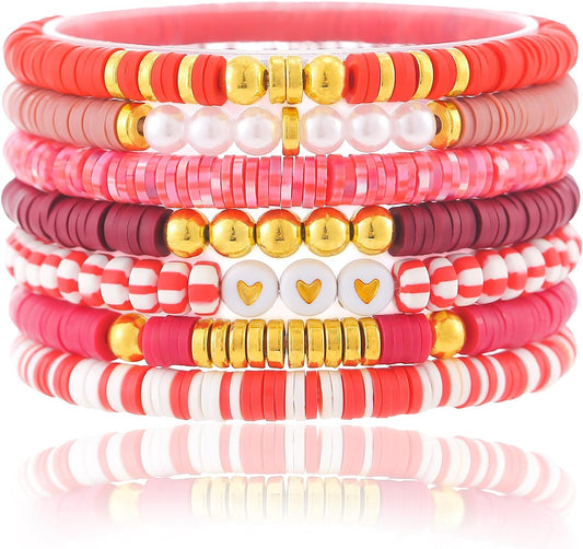 Friendship Bracelets Trendy Heishi Clay Bead Bracelets Stack Gold Beaded Stretch Bracelets for Women Boho Stackable Bracelets Bulk Cute Preppy Jewelry