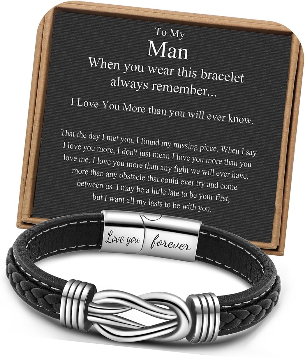𝗞𝗻𝗼𝘁 𝗕𝗿𝗮𝗰𝗲𝗹𝗲𝘁 𝗚𝗶𝗳𝘁𝘀 𝗳𝗼𝗿 𝗠𝗲𝗻 Brown Braided Leather Stainless Steel Infinity Bracelets Lettering Love You Forever Gifts for Son Grandson Husband Boyfriend Brother Always Linked Together