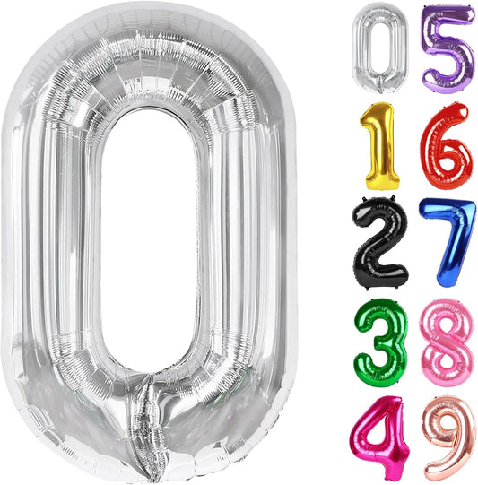 Silver Number 0 Balloon 40 Inch, 0 Balloon Number for 10th 20th 30th 40th 50th 60th Birthday Decorations, Silver Party Supplies