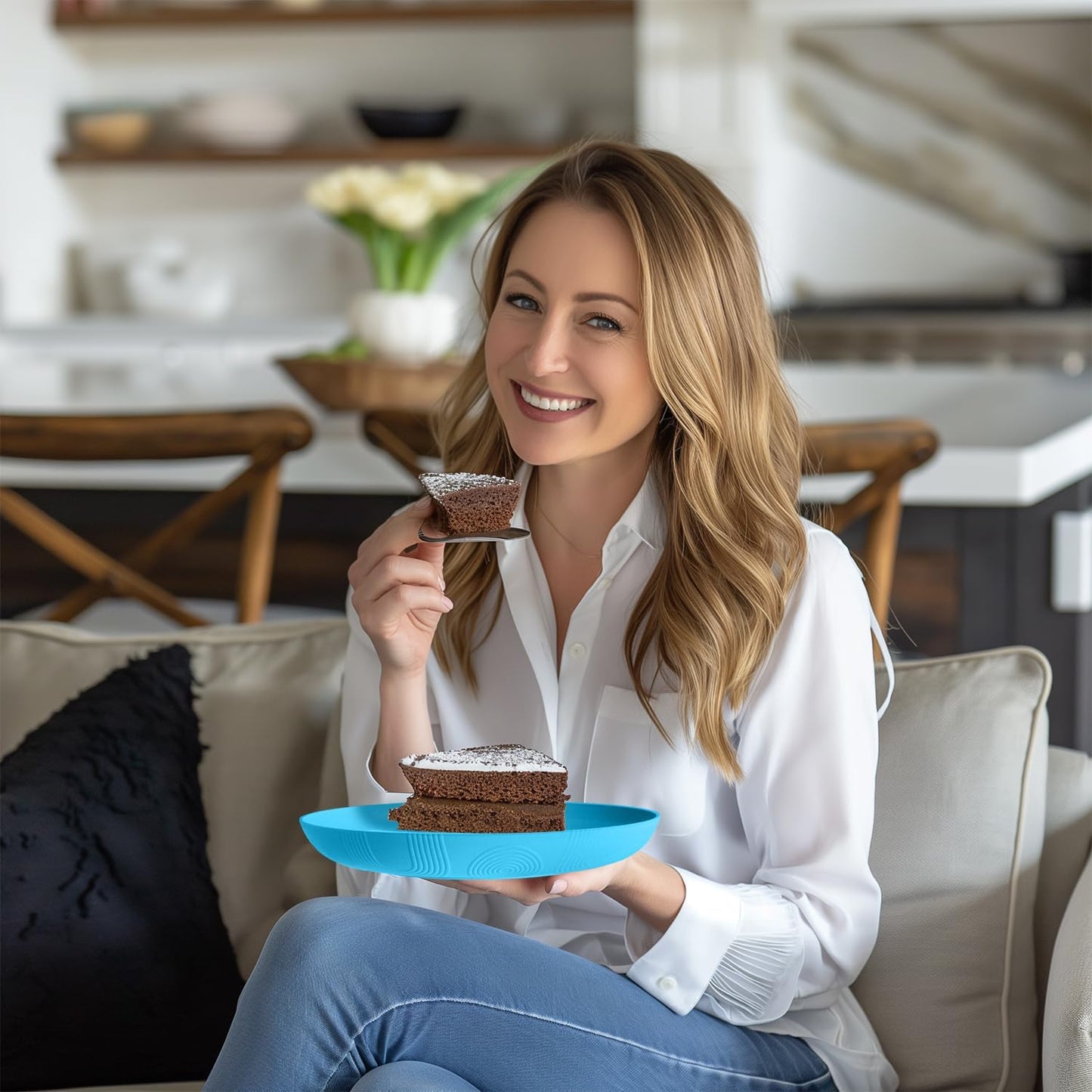 Homienly Wheat Straw Plates, 10 inch Deep Dinner Plates, Service for 8, Unbreakable Plates for Outdoor, Lightweight Microwave and Dishwasher Safe Camping Plate Set for Dinner, Salad, Fruit - Sky Blue