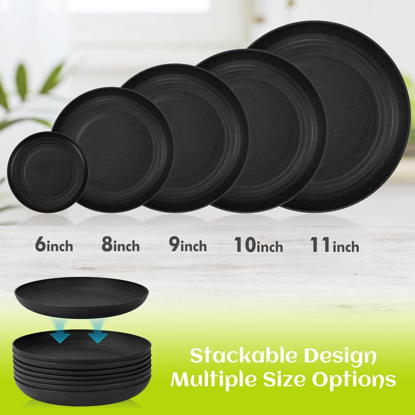 Homienly Wheat Straw Plates Set - 11 inch Reusable Large Dinner Plates Set of 8, Lightweight Unbreakable Salad Plates, Microwave and Dishwasher Safe Plates, Deep Plates for Dinner, Camping - Black