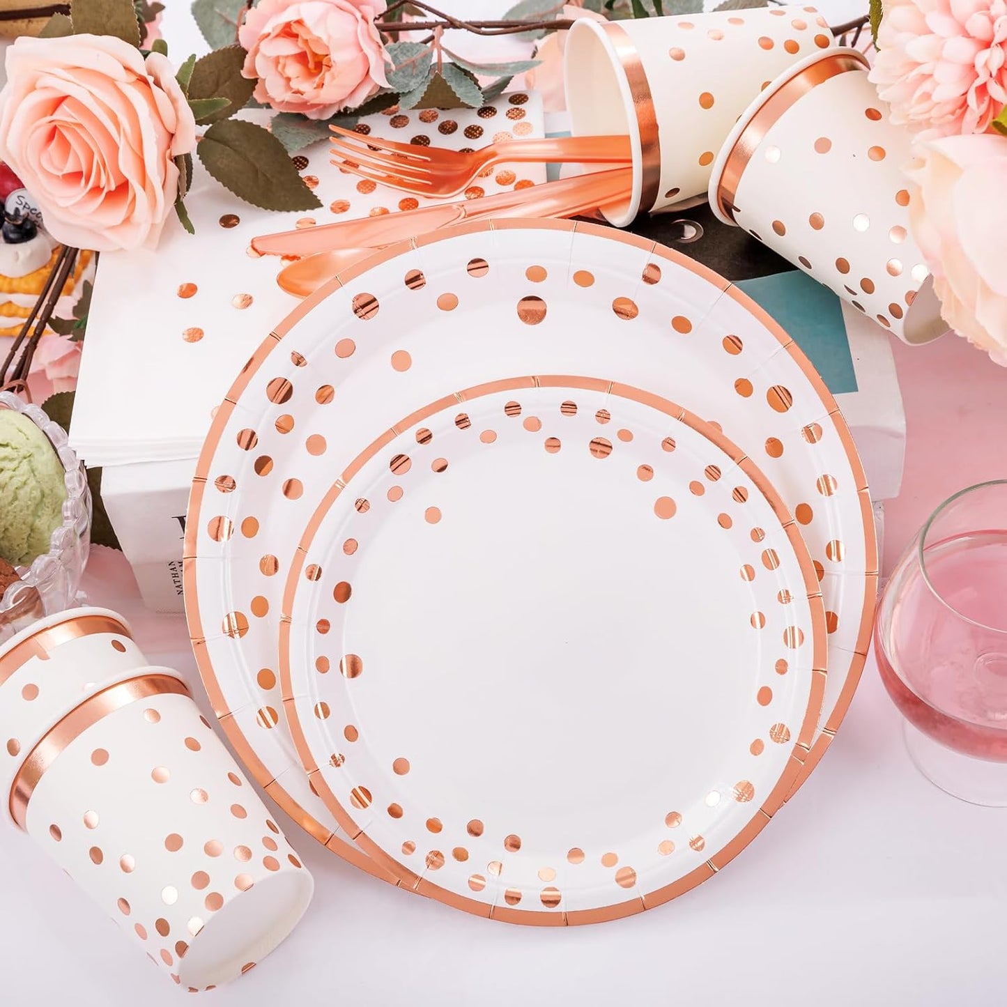 Supernal 350pcs Rose Gold Party Supplies,Plates and Napkins Sets,Happy Birthday Plate, Party Supplies Plates, Cups, Spoons, Fork, Napkins,Rose Gold Plastic Silverware for Wedding Birthday Decorations