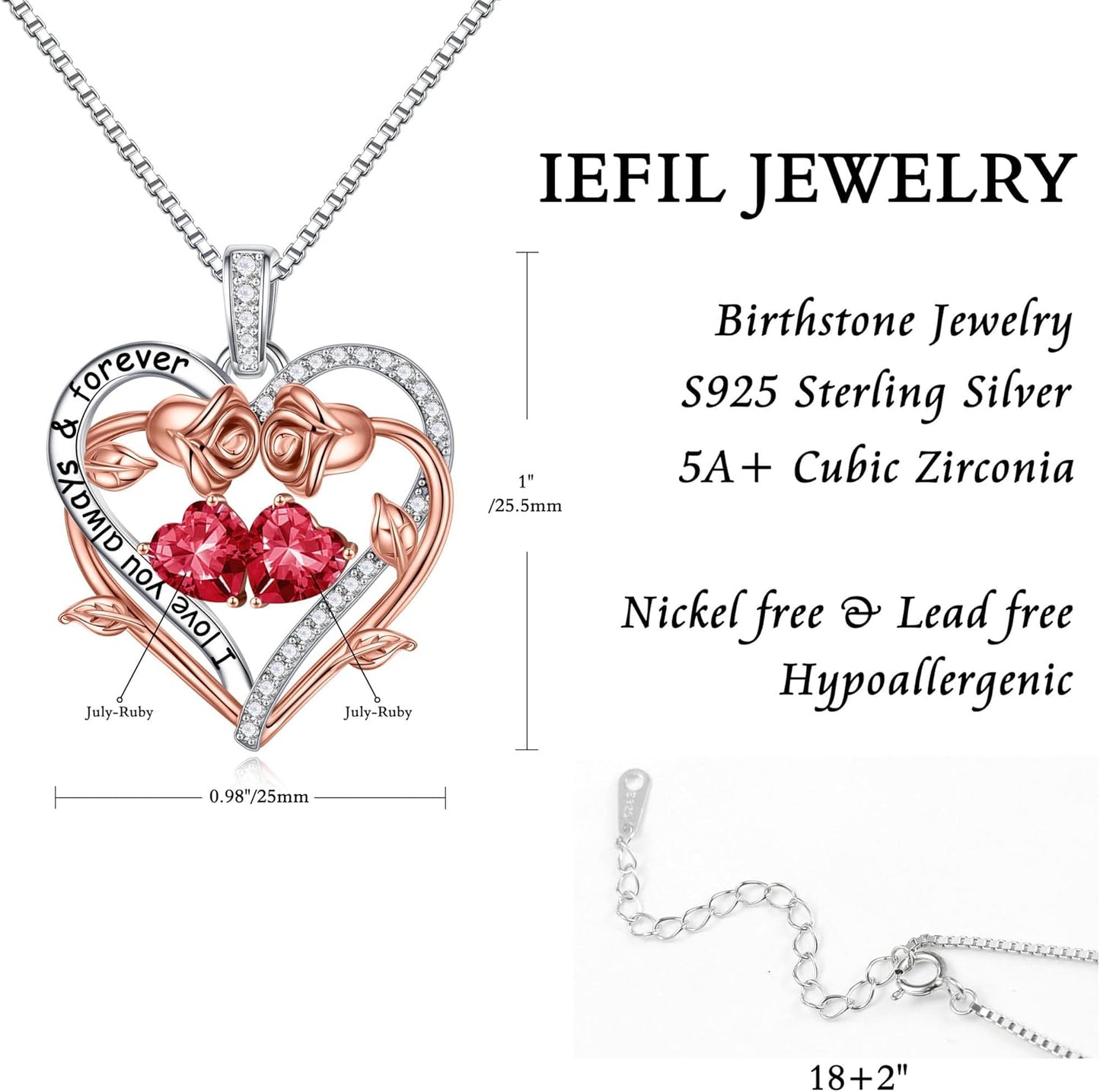 Iefil Rose Heart Double Birthstone Necklace Gifts for Wife Her Mom Women, Birthstone Jewelry Gemstone Birthday Gifts for Girlfriend Grandma Her Wife Women