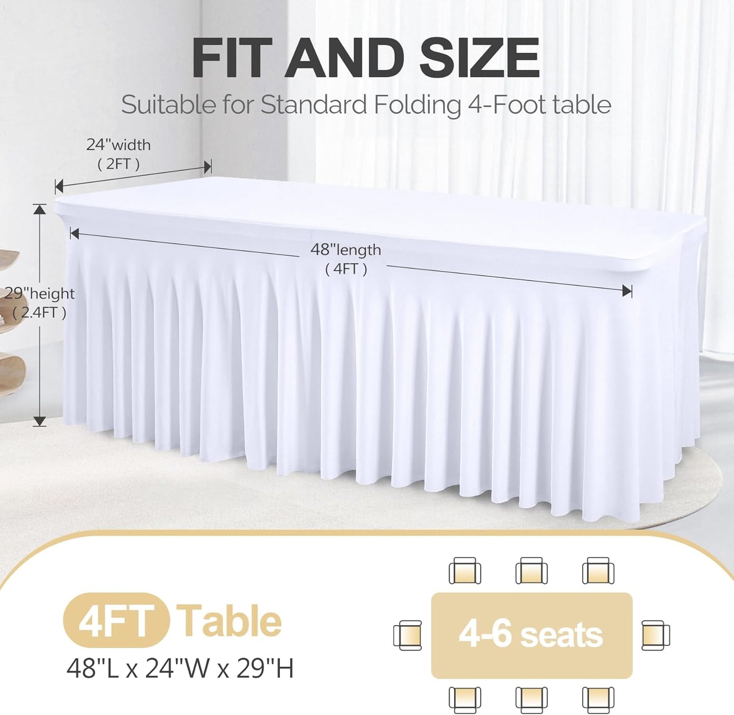 PARTISKY White Spandex Tablecloth for 4ft Rectangle Tables, Stretchable Table Cover Skirt for Folding Tables Weddings Parties Banquets Events Trade Shows and Dessert Table