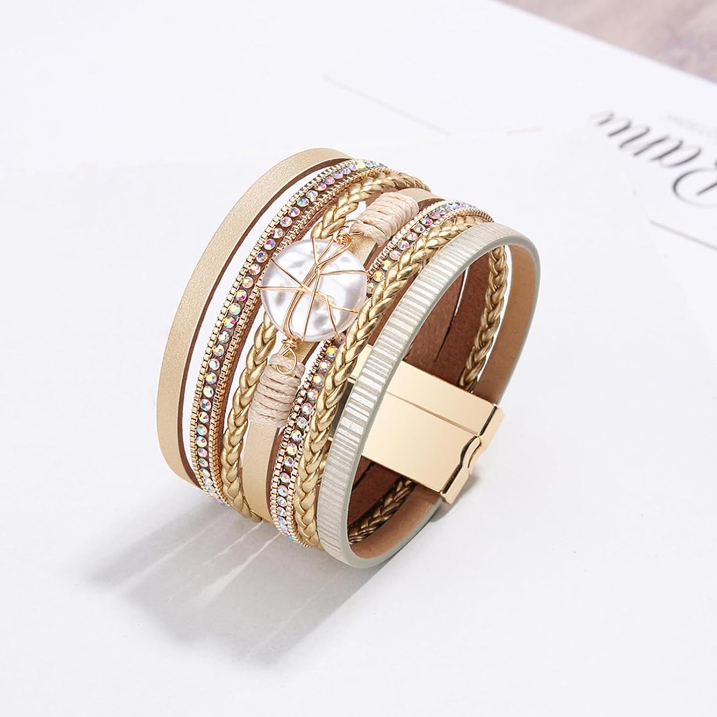 Fesciory Leopard Bracelet for Women, Boho Leather Wrap Multi-Layer Pearl Crystal Bracelet Bangle Jewelry