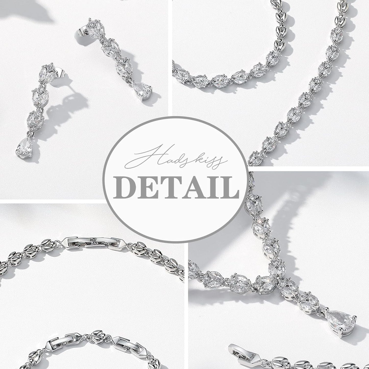 Hadskiss Jewelry Set for Women, Necklace Dangle Earrings Bracelet Set with White AAA Cubic Zirconia, Allergy Free Wedding Party Jewelry for Bridal Bridesmaid