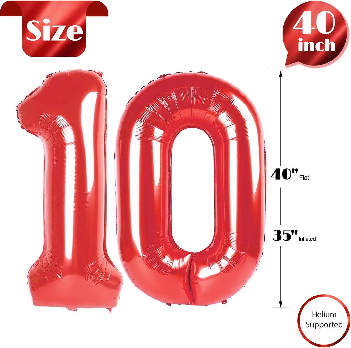 Red Number 10 Balloon 40 inch, 10 Number Balloons, 10th Red Birthday Decorations, 10 Year Old Girls Boys Party Supplies