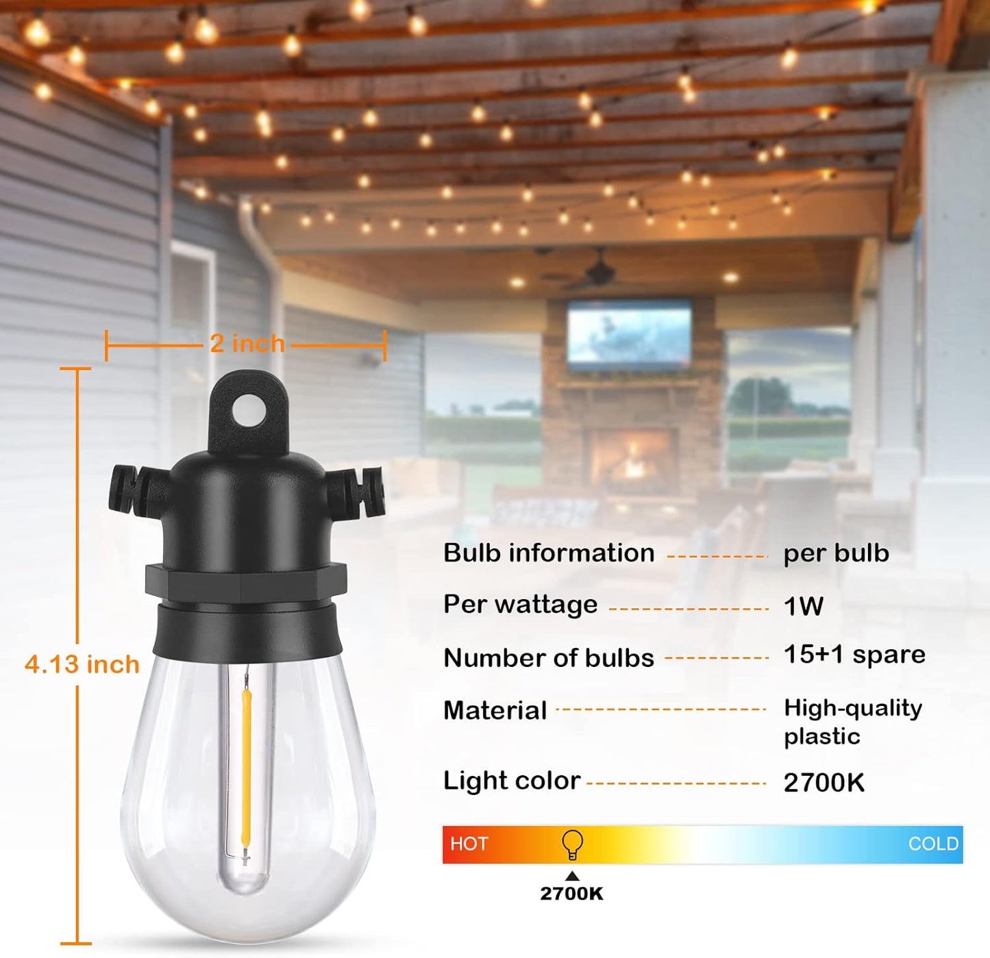 DGE Outdoor LED String Lights 48FT Patio Shatterproof & Waterproof IP65, 18 AWG UL Listed Wire Bright String Light for Patio, Backyard, Gazebo, Porch, Wedding Party