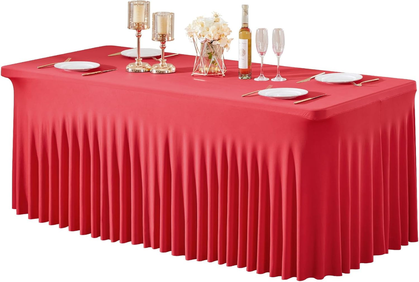 1 Pack Red Table Clothes for 6 Foot Rectangle Tables, One-Piece Wrinkle Resistant Stretch Spandex Table Covers Valentines Table Skirt for Event Banquet Wedding Birthday Party