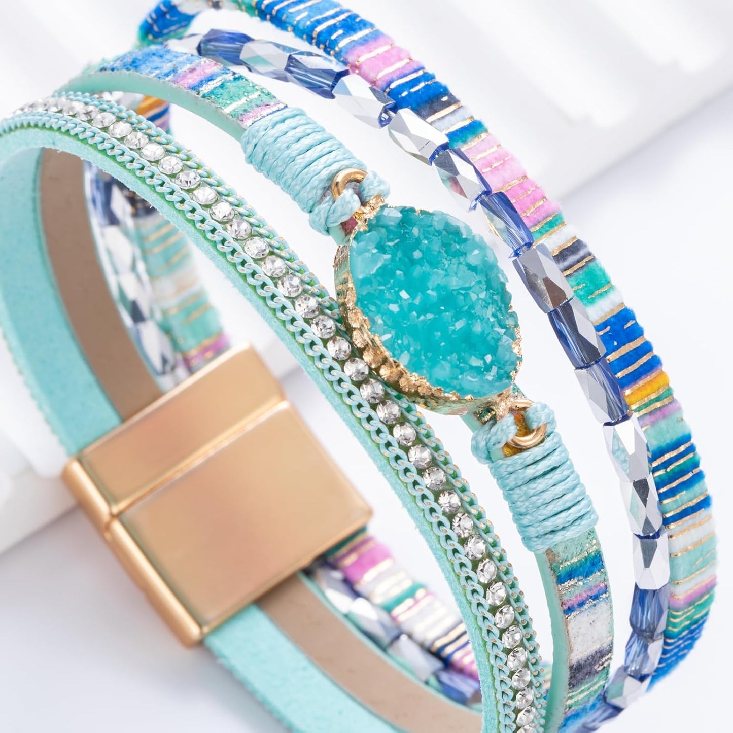 FANCY SHINY Leather Wrap Bracelet Boho Cuff Bangle Bracelets Crystal Bead Bracelet with Magnetic Clasp Jewelry Gifts for Women