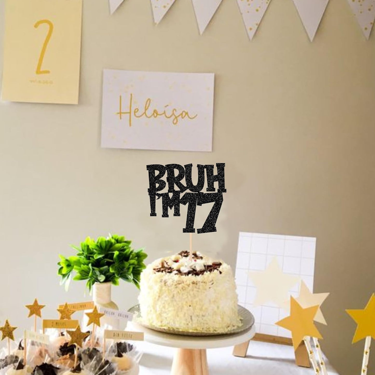 1 PCS Bruh I'm 17 Cake Topper Black Glitter Happy 17th Birthday Cake Pick Bro I'm 17 It's My 17th Birthday Cake Decoration for Cheers to 17 Years Birthday Party Decorations Supplies