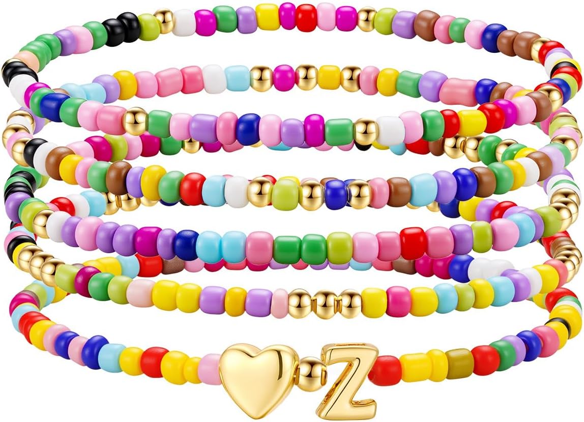 M MOOHAM Stocking Stuffers for Kids Girls Teen - 5PCS Colorful Beaded Initial Bracelets for Women Girls, Cute Stretch Heart Letter Bohemian Stackable Bracelet Birthday Gifts Jewelry for Kids Teen Girl