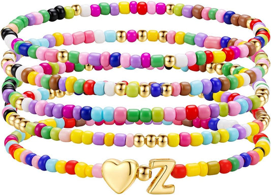 M MOOHAM Stocking Stuffers for Kids Girls Teen - 5PCS Colorful Beaded Initial Bracelets for Women Girls, Cute Stretch Heart Letter Bohemian Stackable Bracelet Birthday Gifts Jewelry for Kids Teen Girl