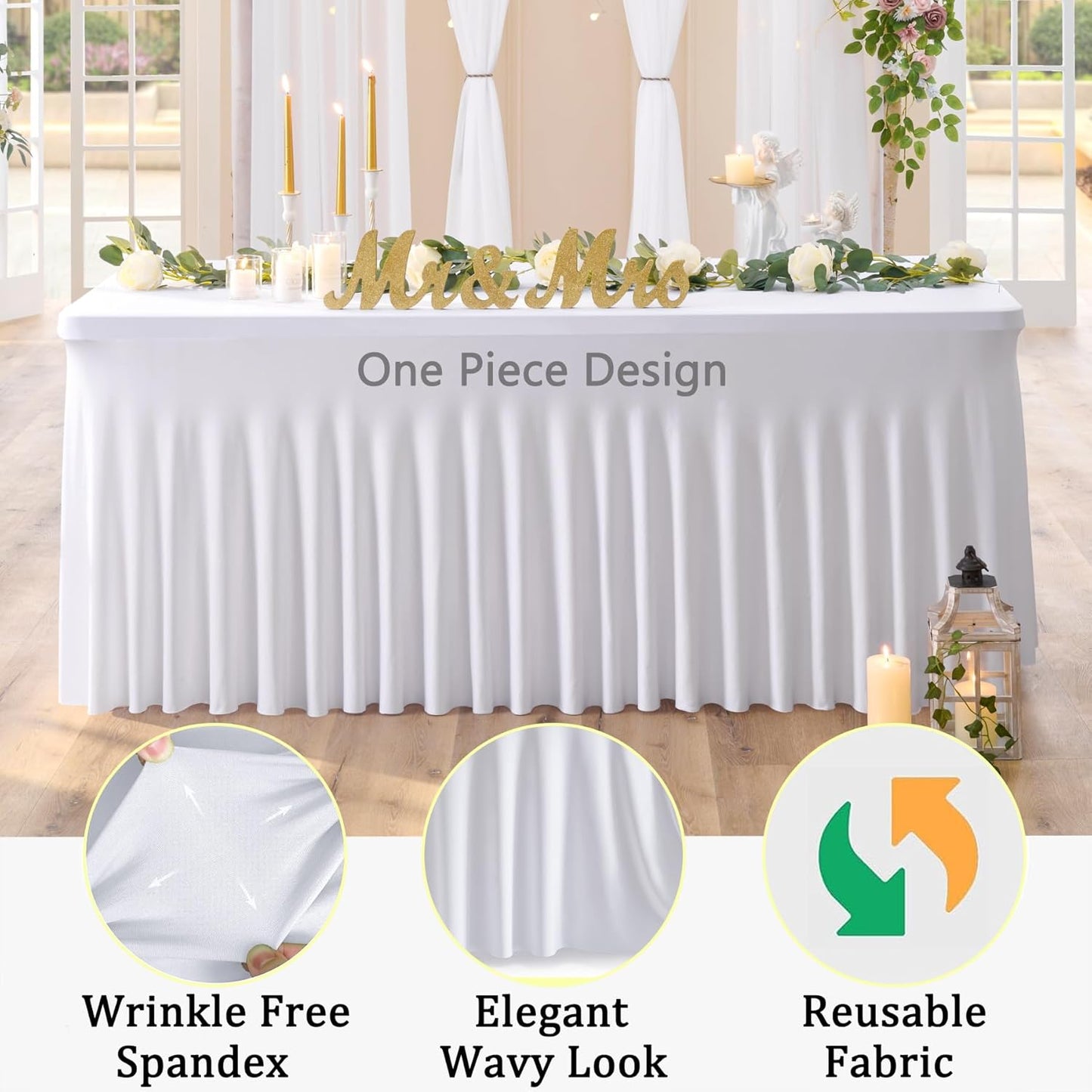 4 Pack Spandex White Tablecloths for 8 Foot Rectangle Tables, Wrinkle Free Fitted Table Cloth 8ft Stretchy Tablecover Desk Skirt for Parties Weddings Birthday Banquet Baby Shower