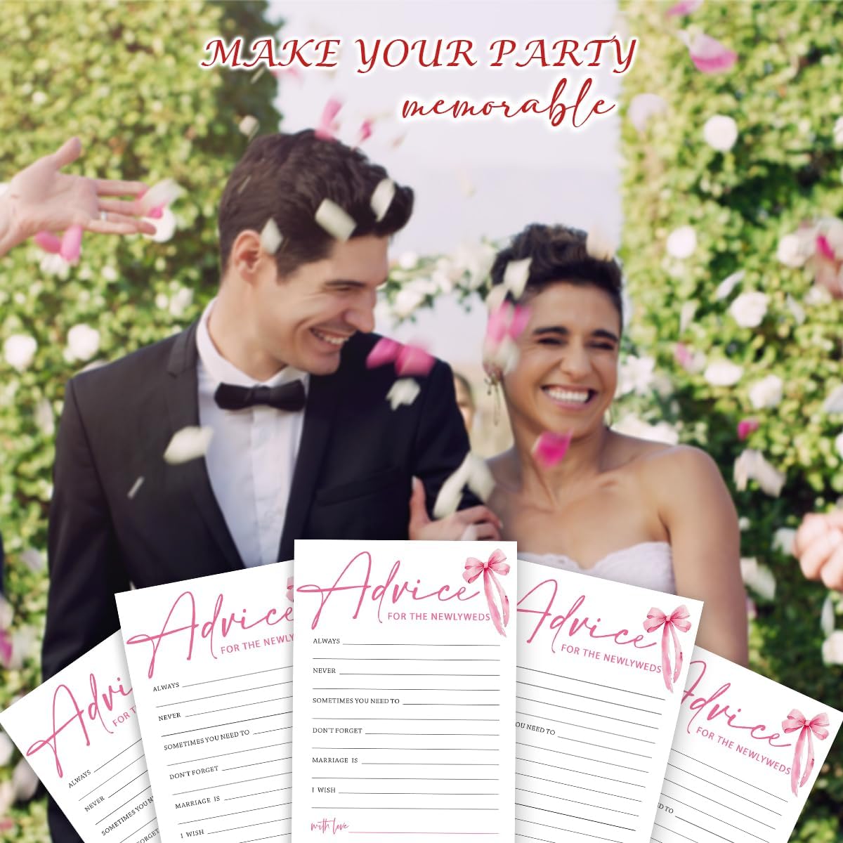 Wedding Shower Games Cards, Advice for The Newlyweds, Bridal Shower Games 25 Guests, Engagement Party Wedding Games for Guests, Pink Ribbon Bow Wedding Party Supplies - E01