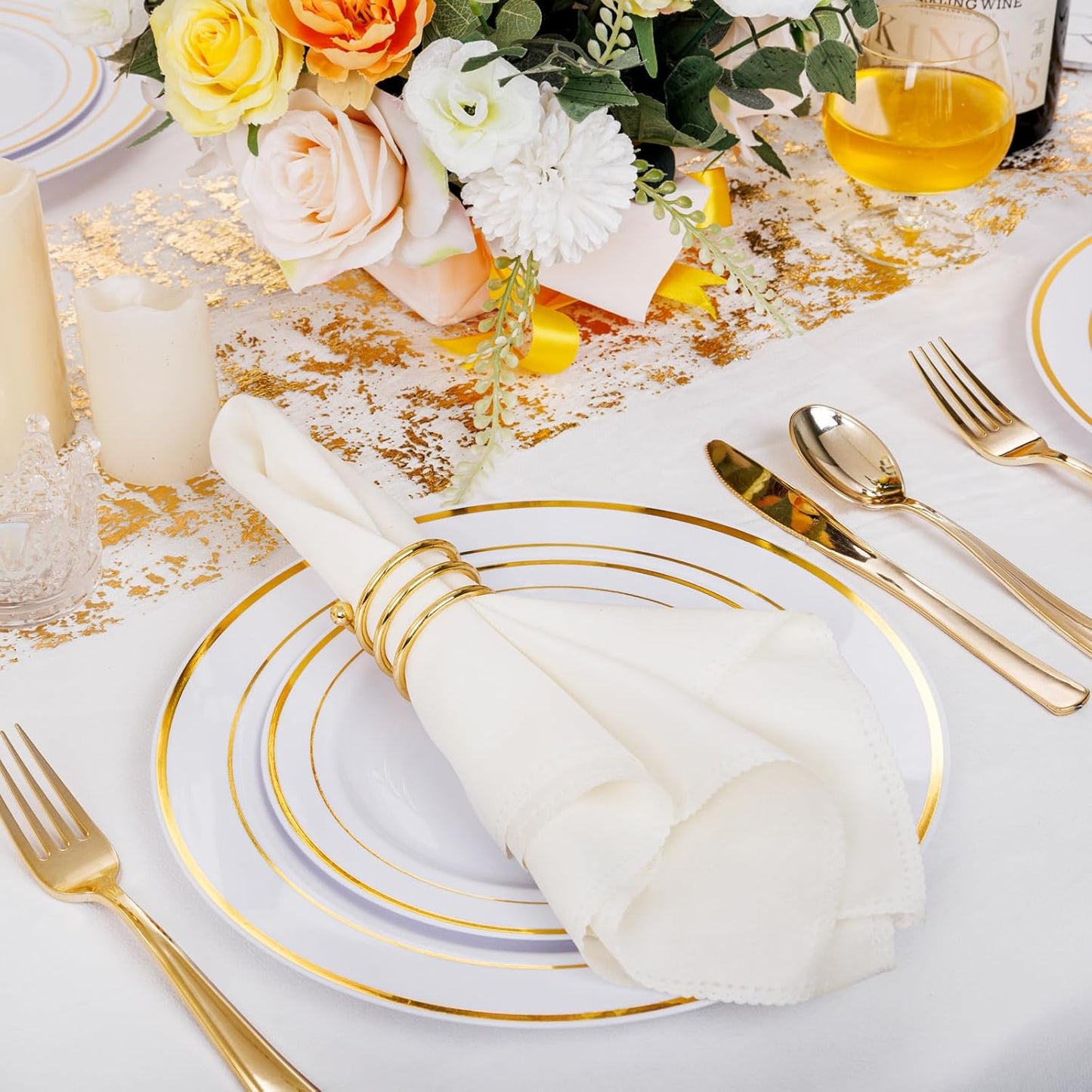 I00000 60 Pieces Gold Plastic Plates, Heavy Duty White and Gold Plastic Plates for 30 Guests Include: 30 Gold Rim Dinner Plates and 30 Gold Dessert Plates Perfect for Wedding, Party & Mother's Day